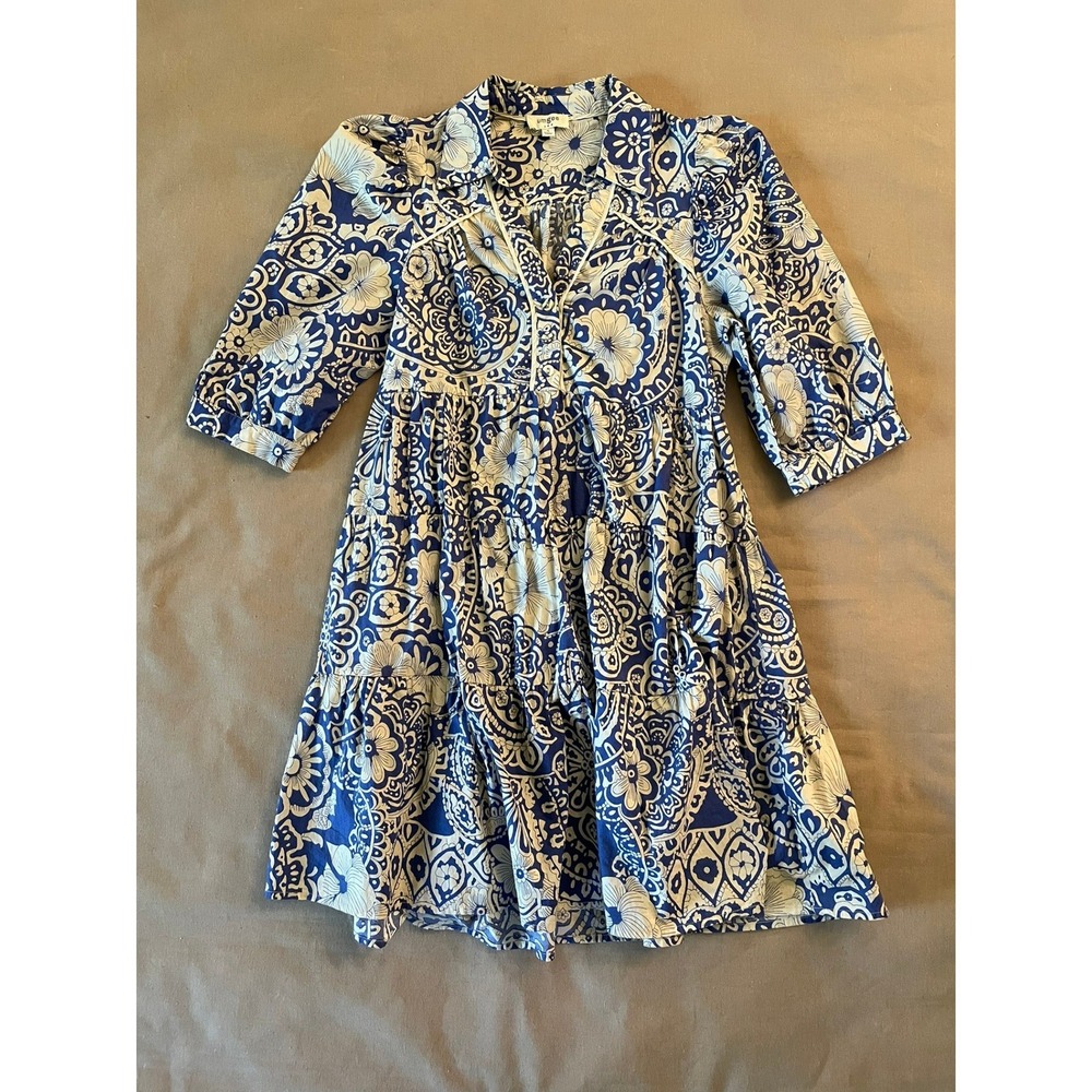 Umgee Mini Dress Sz S Blue White Floral Tiered Boho Cowgirl Western Coastal - Picture 2 of 8
